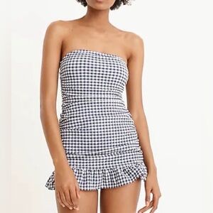 JCrew Ruched bandeau swim dress  puckered gingham